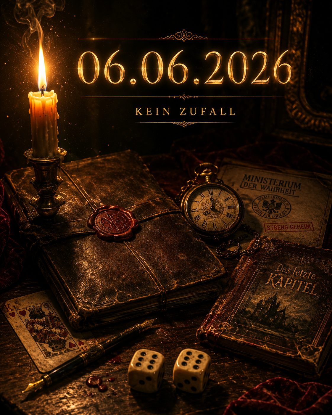 06.06.2026 — Kein Zufall: Kerze, Taschenuhr und zwei Würfel mit je einer Sechs